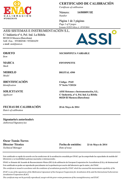 *ENAC-ZERTIFIKAT FÜR MIKROLITERPIPETTEN MIT FIXEM VOLUMEN