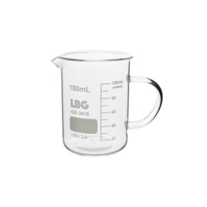 BECHERGLAS, NIEDRIGE FORM, MIT HENKEL, LBG